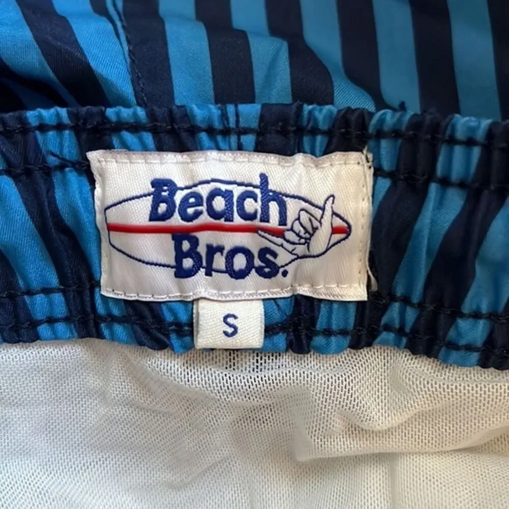 Beach Bros Swim Trunks Mens Small Blue‎ Navy Vertical Stripes Stretch Waist Mesh